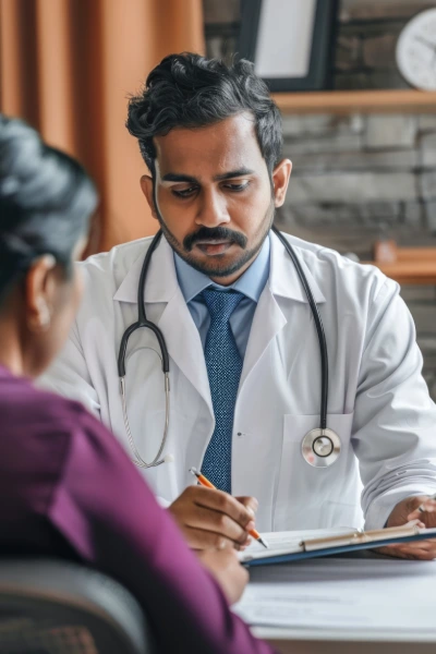 A photo of a healthcare professional discussing with a female patient.